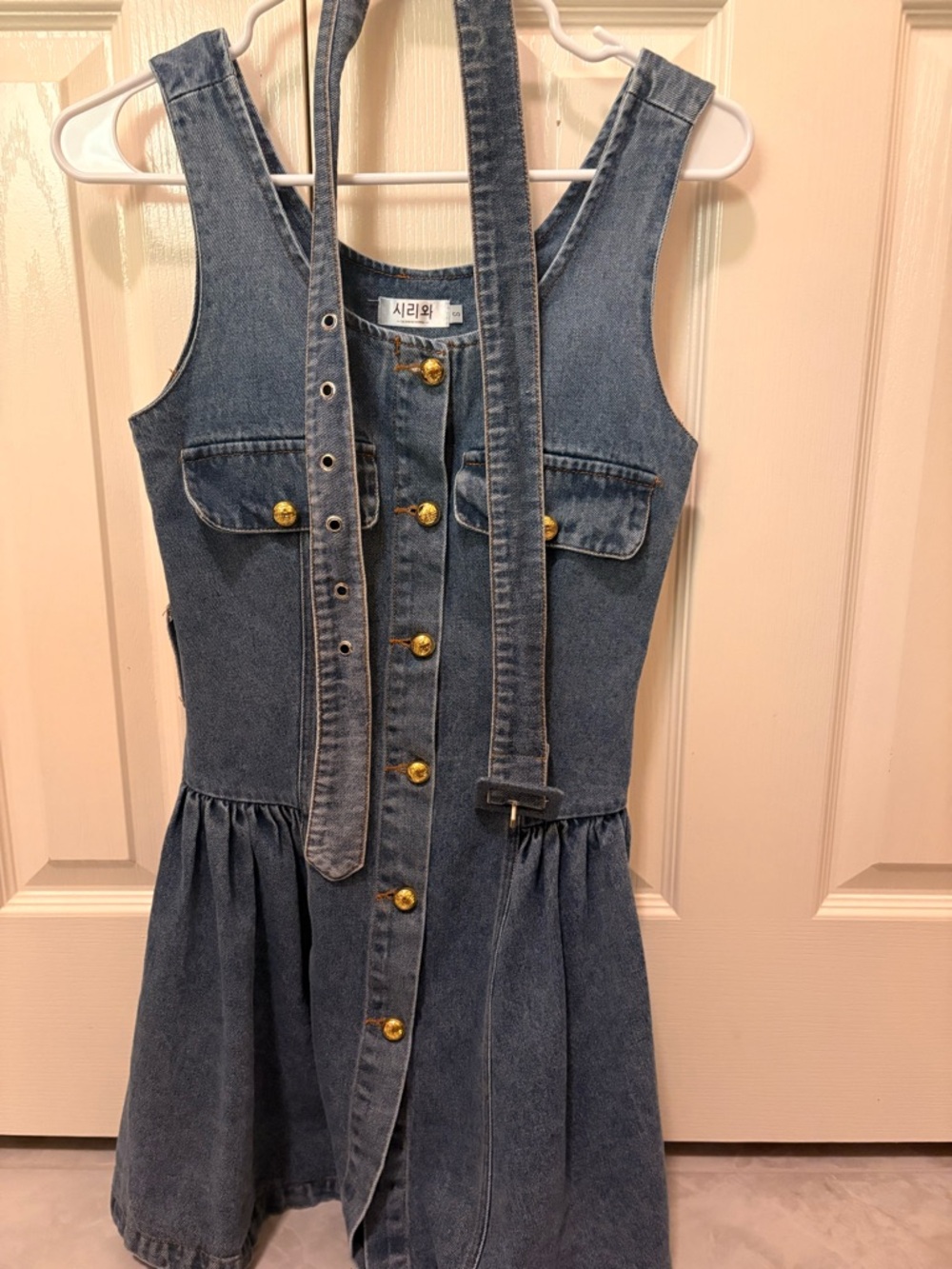 Denim Button-Front Mini Dress with Gold Buttons